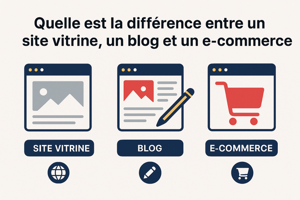 Illustration différence entre un site vitrine, un blog et un e-commerce.