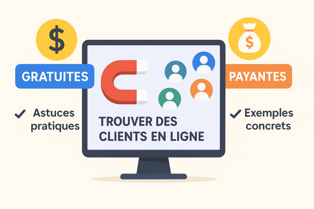 Illustration Stratégies gratuites vs payantes pour trouver des clients en ligne